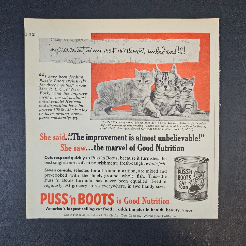 1955 Puss n Boots Canned Cat Food Coast Fisheries Vintage Print Ad Wilmington CA